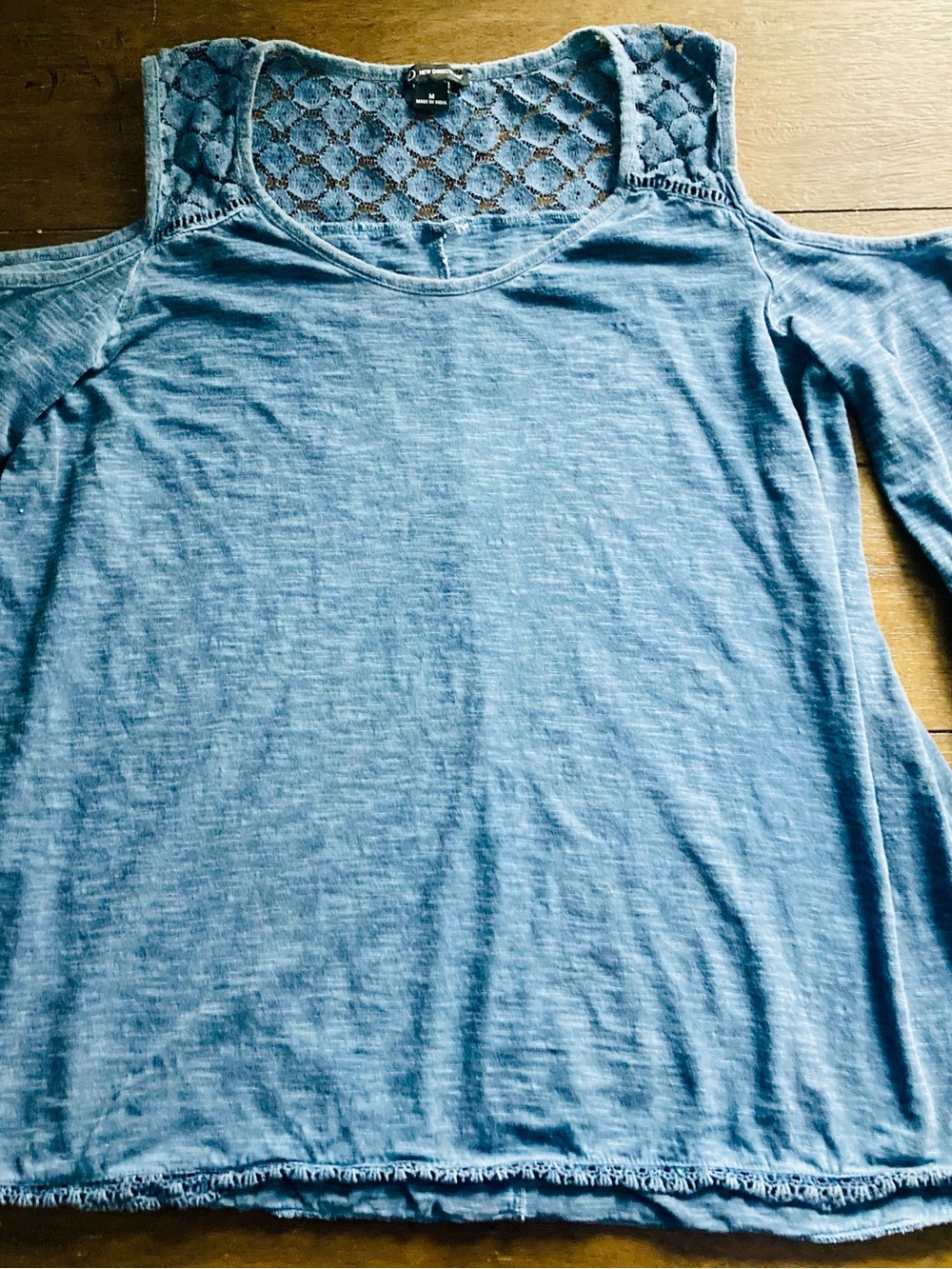 New Directions Blue Cold-Shoulder Lace Yoke Long Sleeve Top